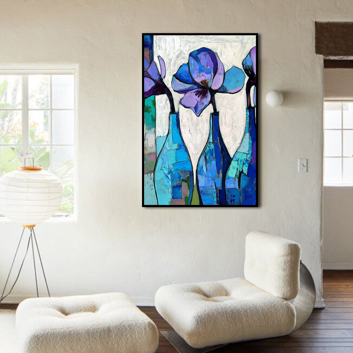 Blue Bottles, Silent Blooms - Three Blue Floral Bottles – Abstract Minimalist Still Life Wall Art