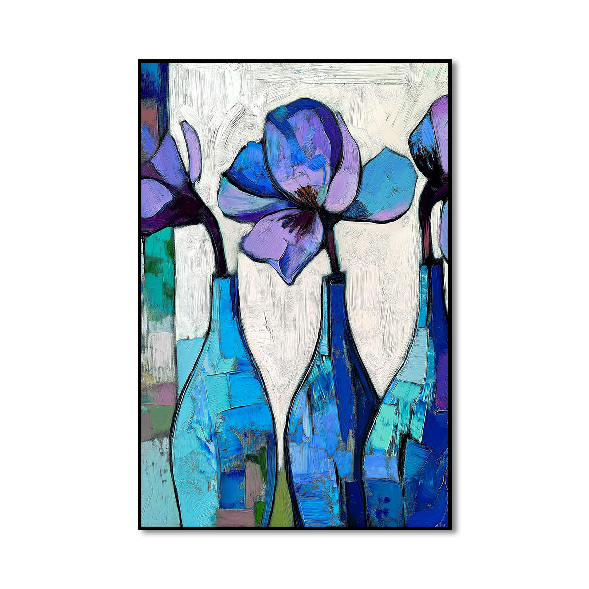 Blue Bottles, Silent Blooms - Three Blue Floral Bottles – Abstract Minimalist Still Life Wall Art