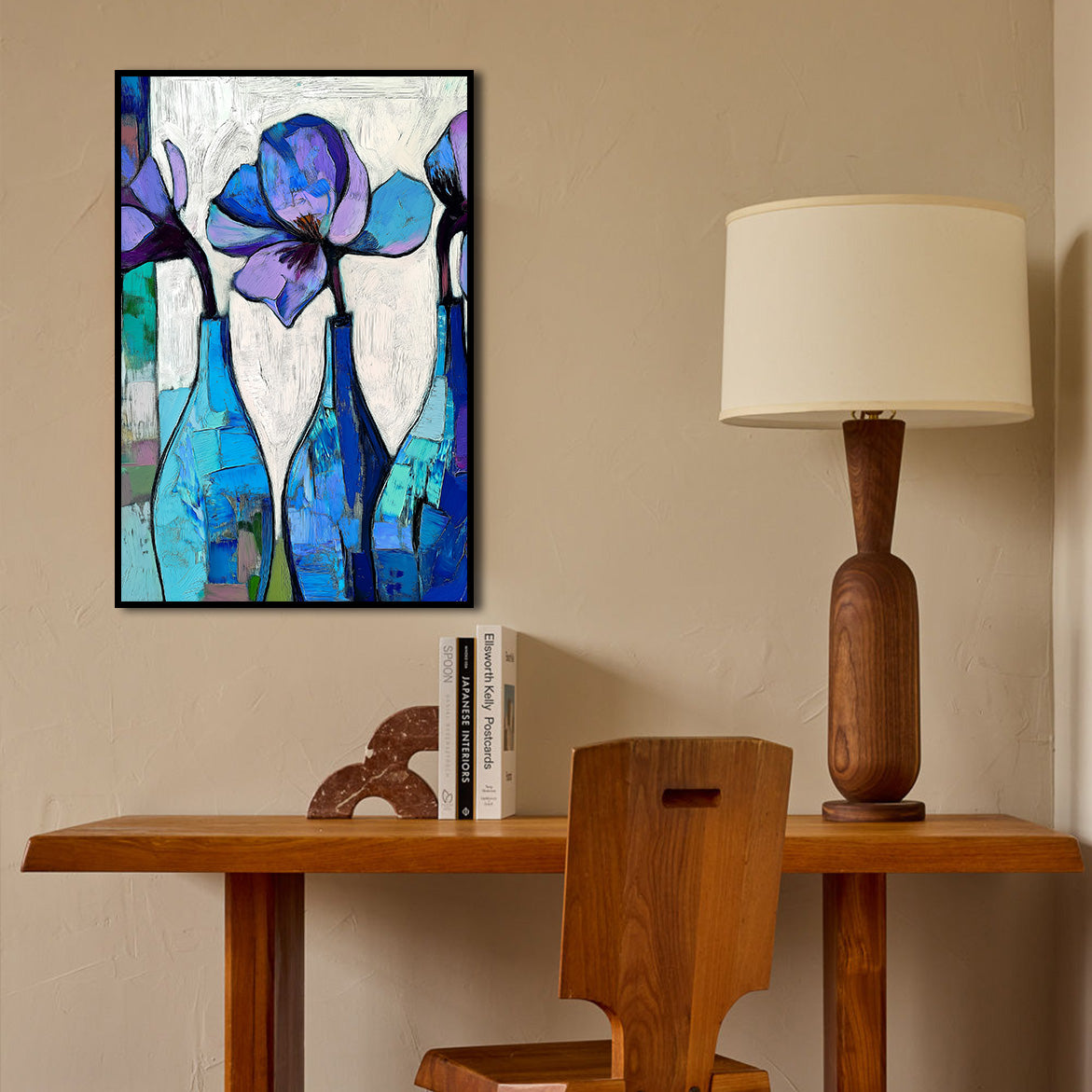 Blue Bottles, Silent Blooms - Three Blue Floral Bottles – Abstract Minimalist Still Life Wall Art
