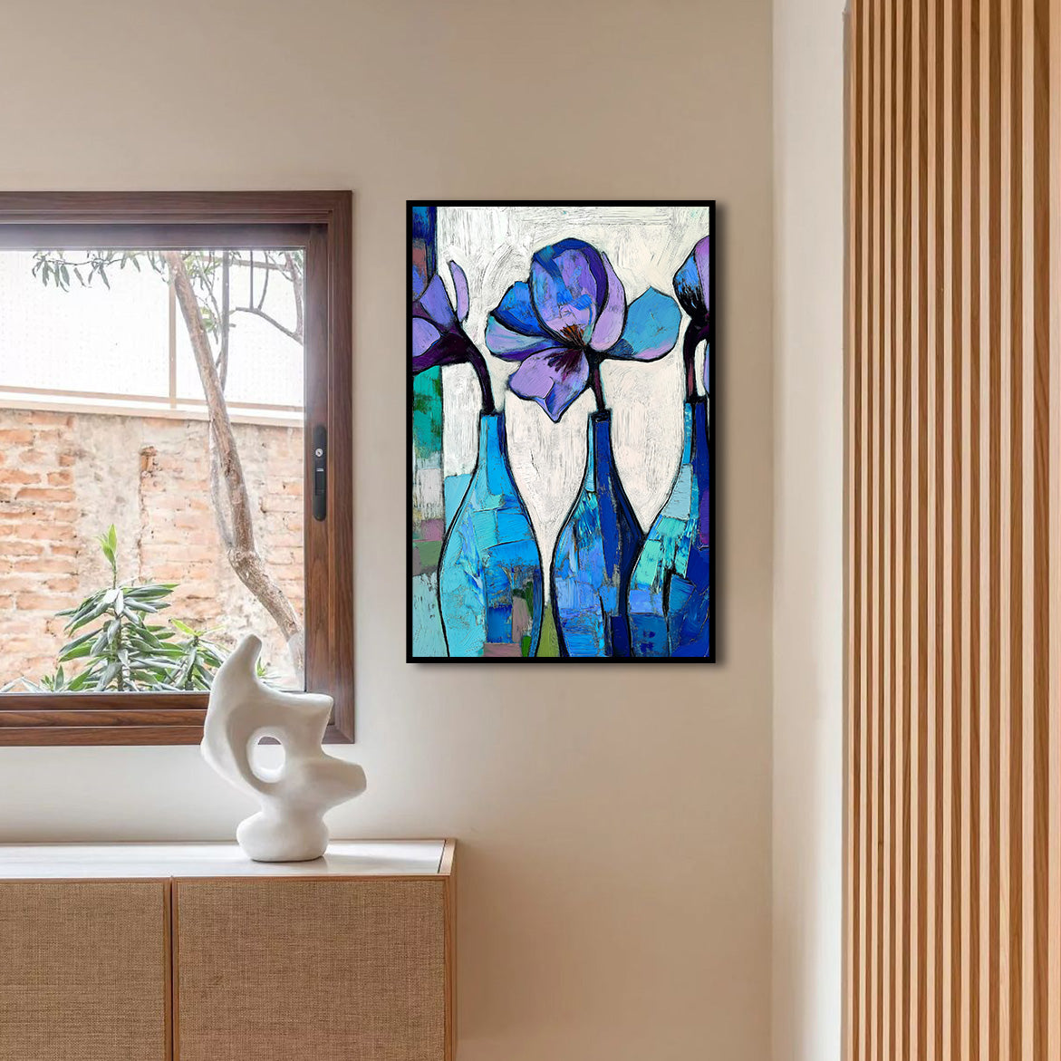 Blue Bottles, Silent Blooms - Three Blue Floral Bottles – Abstract Minimalist Still Life Wall Art