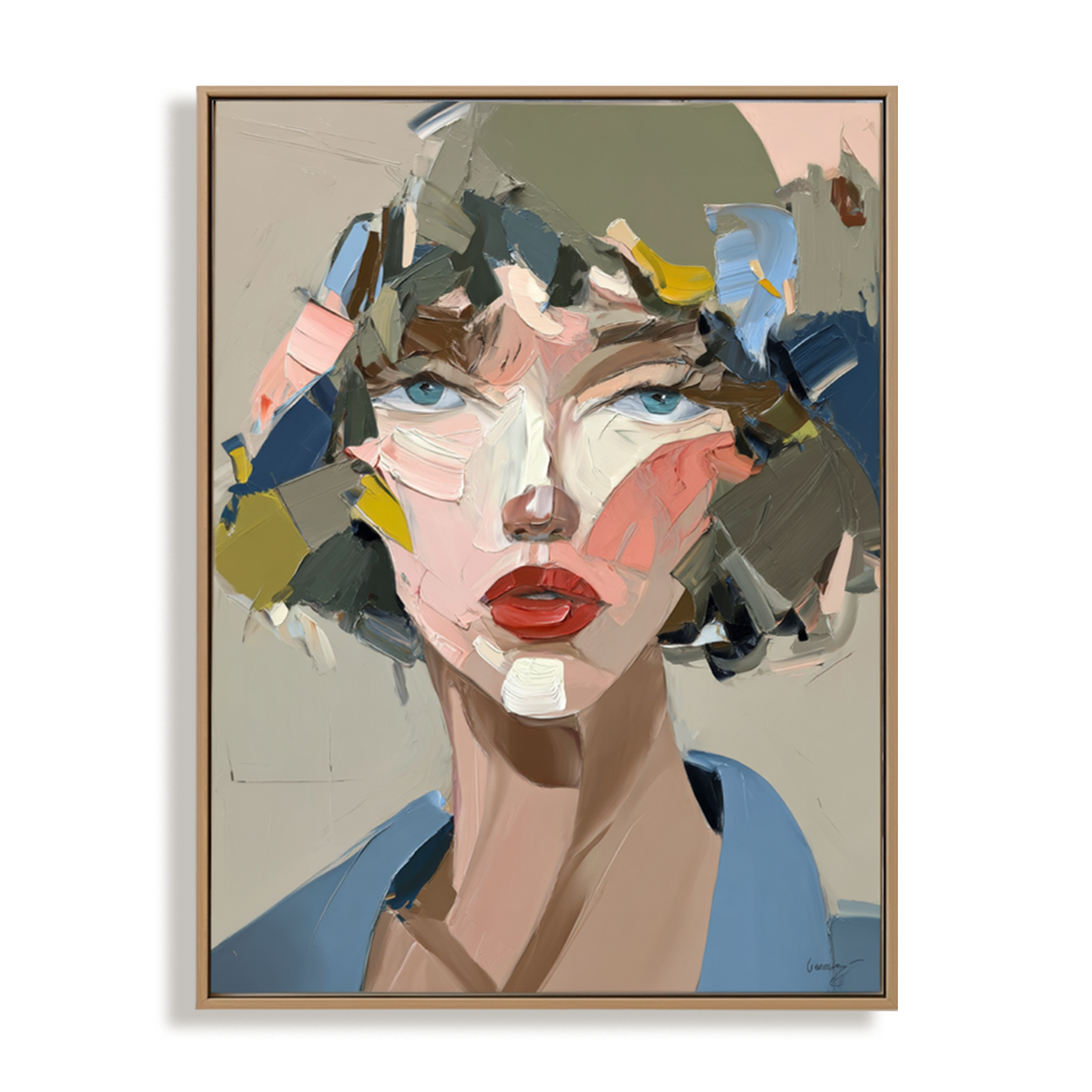 Colorful abstract portrait painting of a woman with blue eyes and expressive palette knife texture.