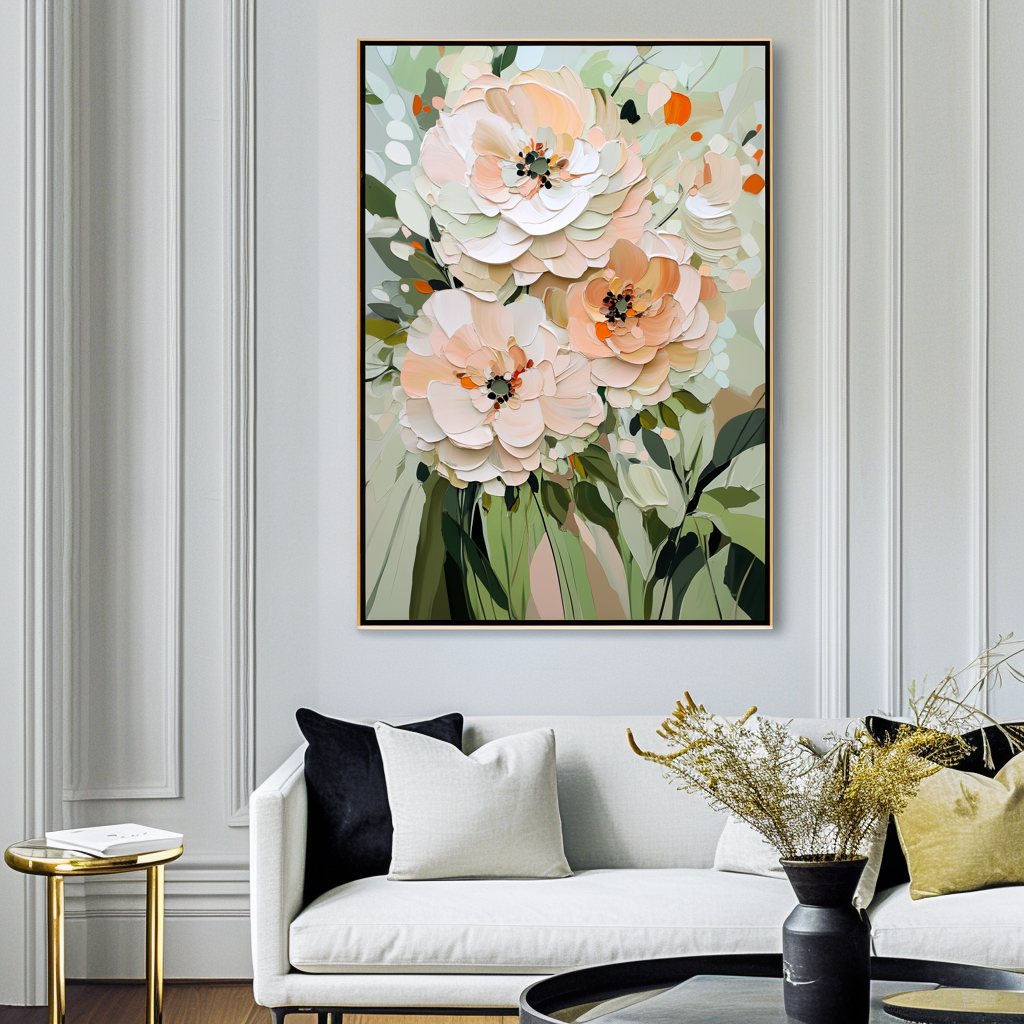 Botanic Elegance-Soft Toned Floral Bouquet Oil Painting with Textured Details, Modern Wall Art for Home Decor