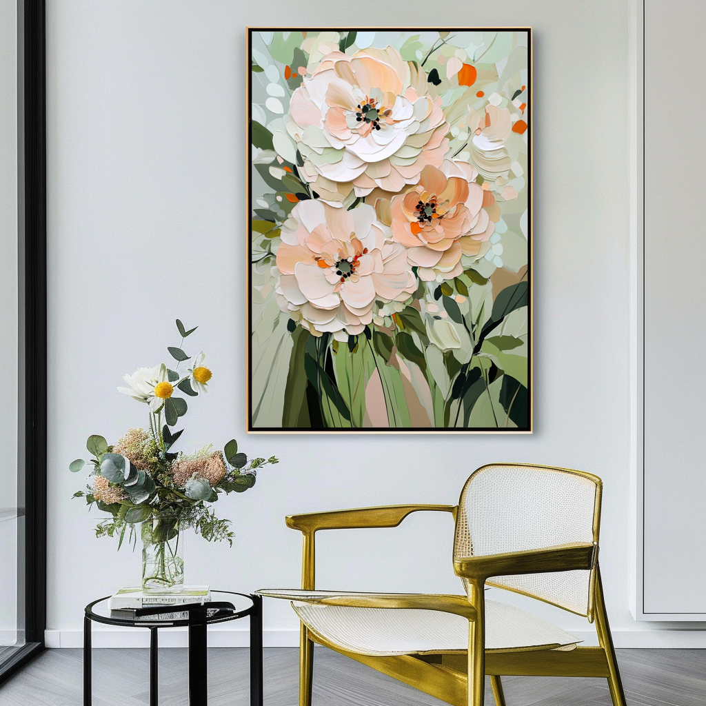 Botanic Elegance-Soft Toned Floral Bouquet Oil Painting with Textured Details, Modern Wall Art for Home Decor
