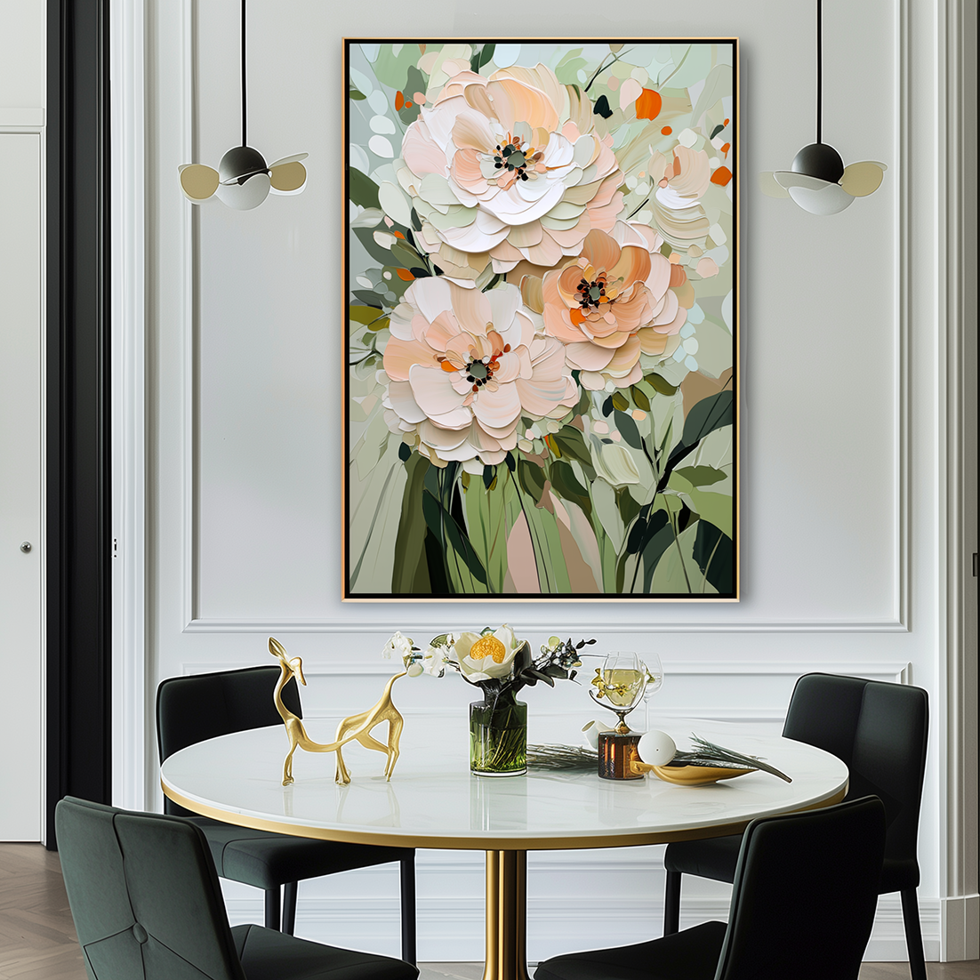 Botanic Elegance-Soft Toned Floral Bouquet Oil Painting with Textured Details, Modern Wall Art for Home Decor
