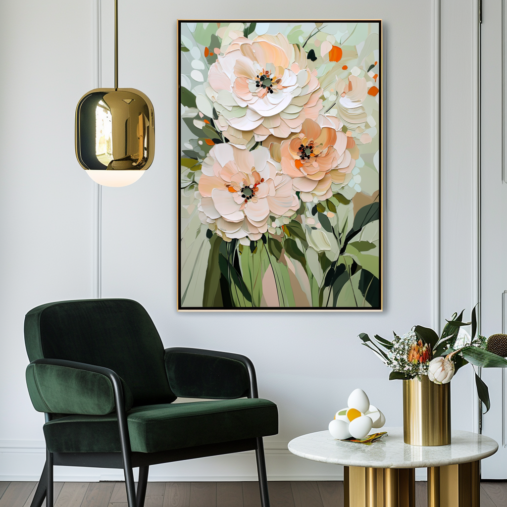 Botanic Elegance-Soft Toned Floral Bouquet Oil Painting with Textured Details, Modern Wall Art for Home Decor