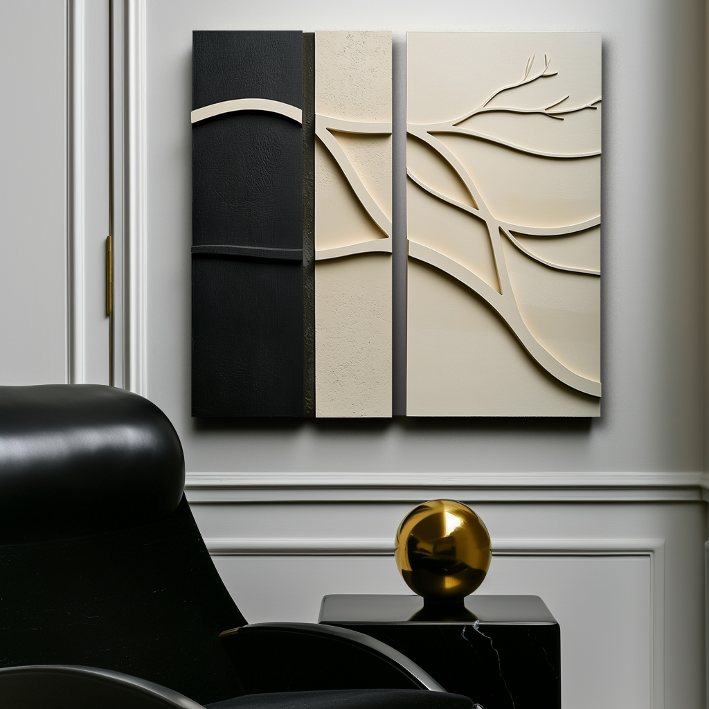 Branches of Time-Modern Minimalist 3D Textured Wall Art Set - Black & Beige Organic Branch & Leaf Relief Decor Paintings