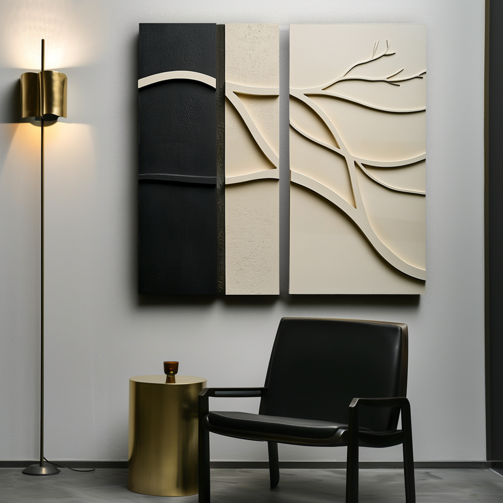 Branches of Time-Modern Minimalist 3D Textured Wall Art Set - Black & Beige Organic Branch & Leaf Relief Decor Paintings