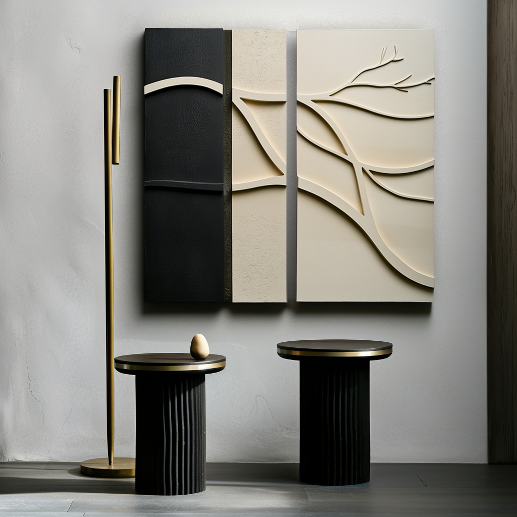 Branches of Time-Modern Minimalist 3D Textured Wall Art Set - Black & Beige Organic Branch & Leaf Relief Decor Paintings