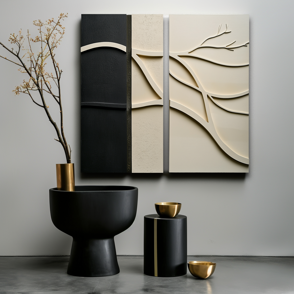 Branches of Time-Modern Minimalist 3D Textured Wall Art Set - Black & Beige Organic Branch & Leaf Relief Decor Paintings