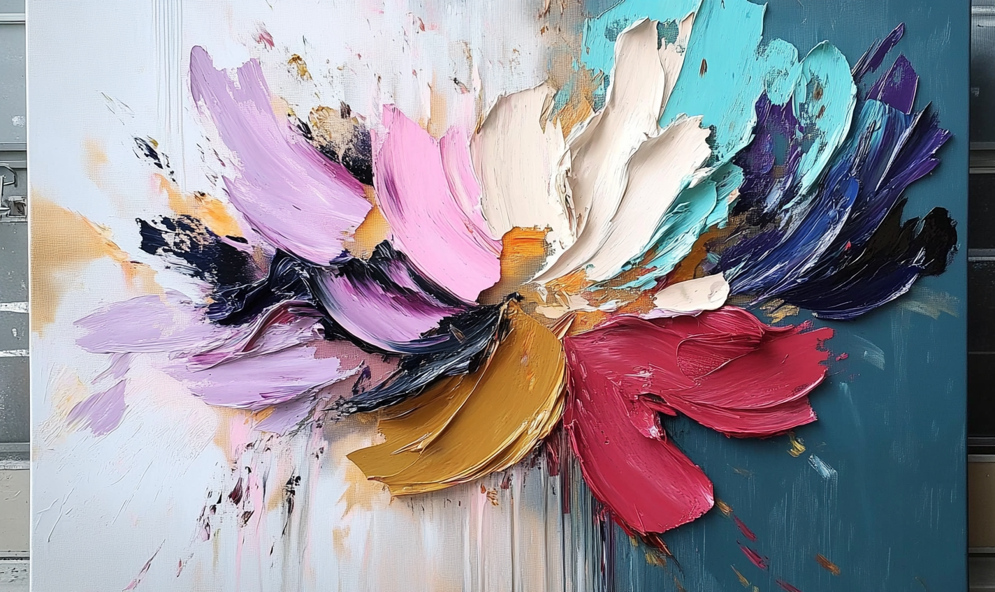 Burst of Bloom-Abstract Colorful Flower Painting with Impasto Texture, Modern Wall Art Decor for Living Room