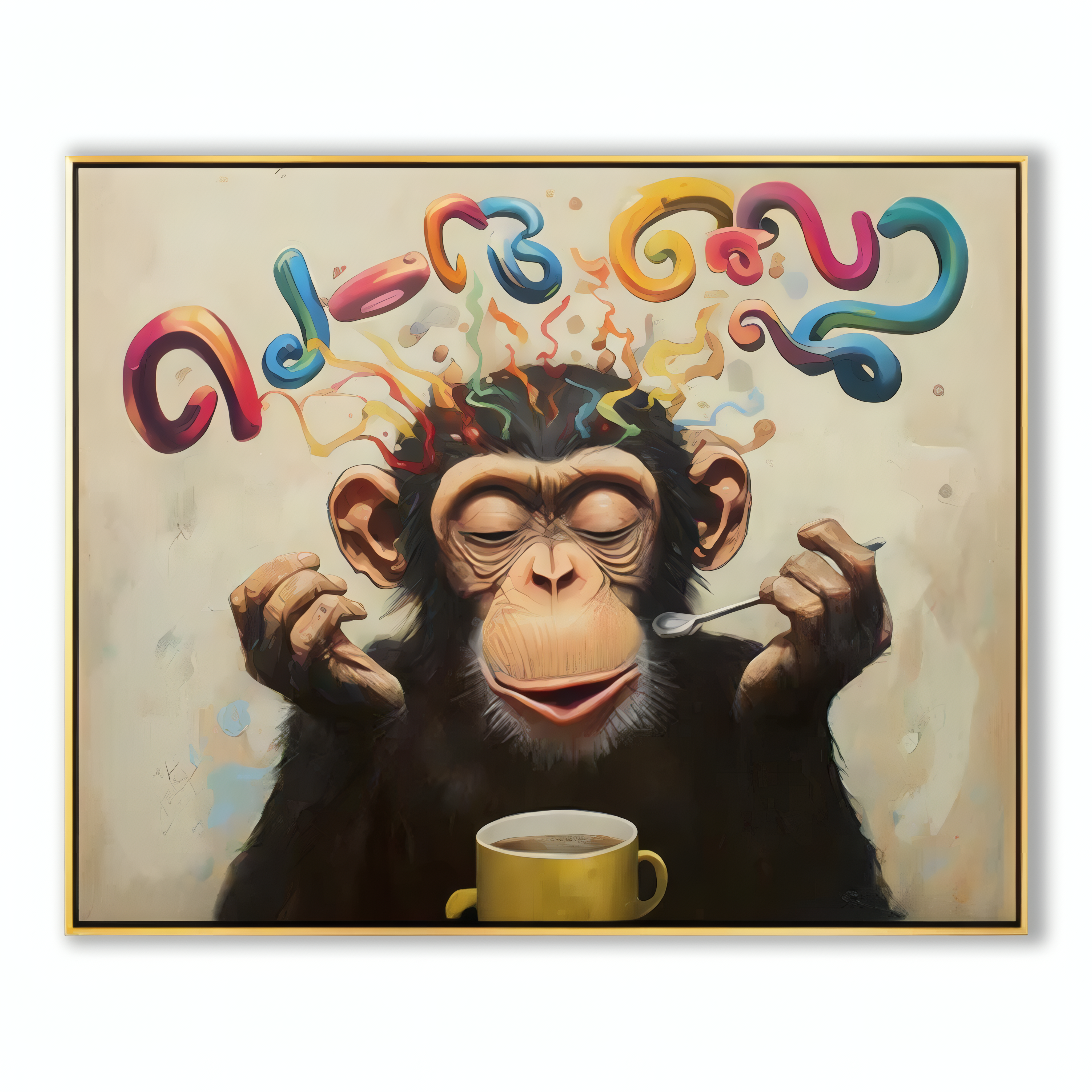 Whimsical Monkey Drinking Coffee with Colorful Abstract Letters - Playful Oil Painting, Unique Wall Decor for Modern Living Spaces