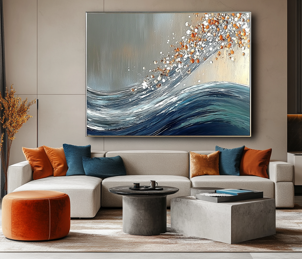Cascade Bloom-Textured Abstract Oil Painting | Modern Wave Canvas Art for Living Room
