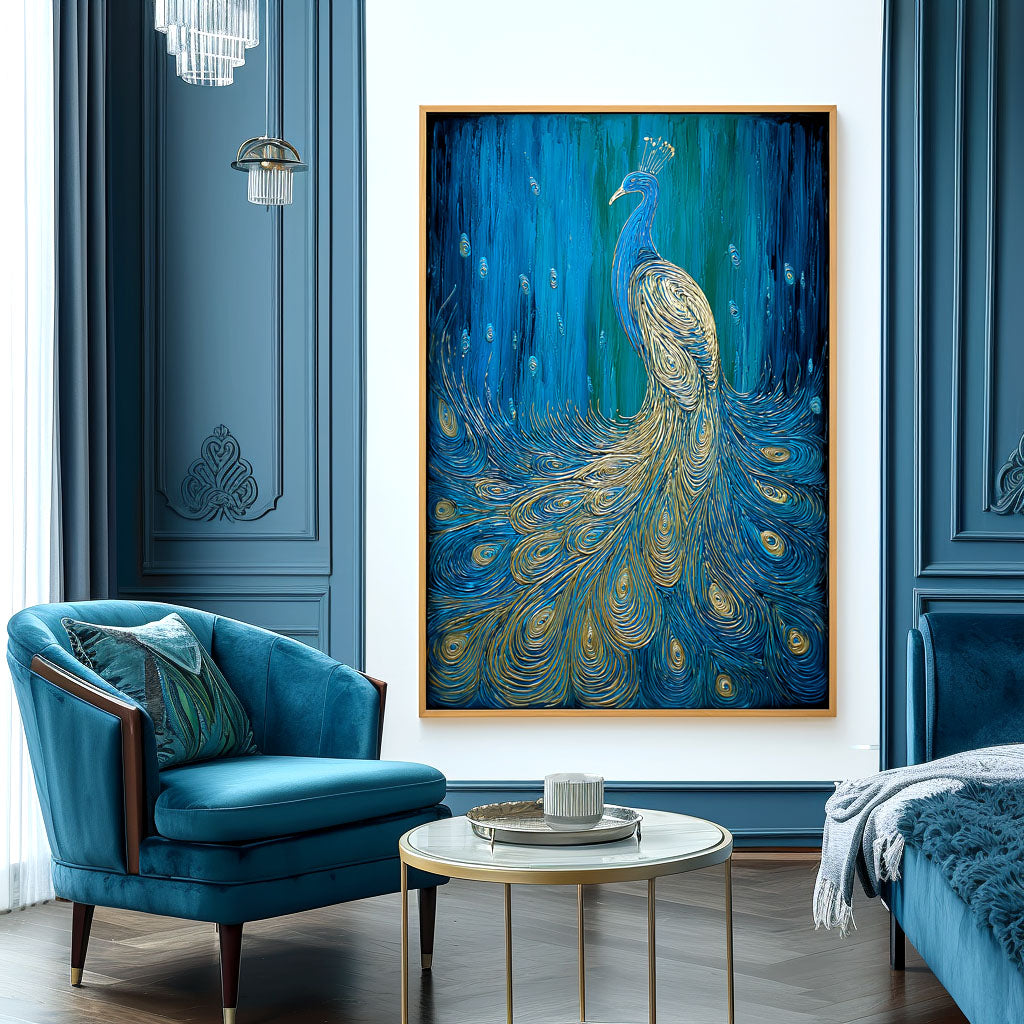 Celestial Grace - Textured Blue and Gold Peacock Oil Painting