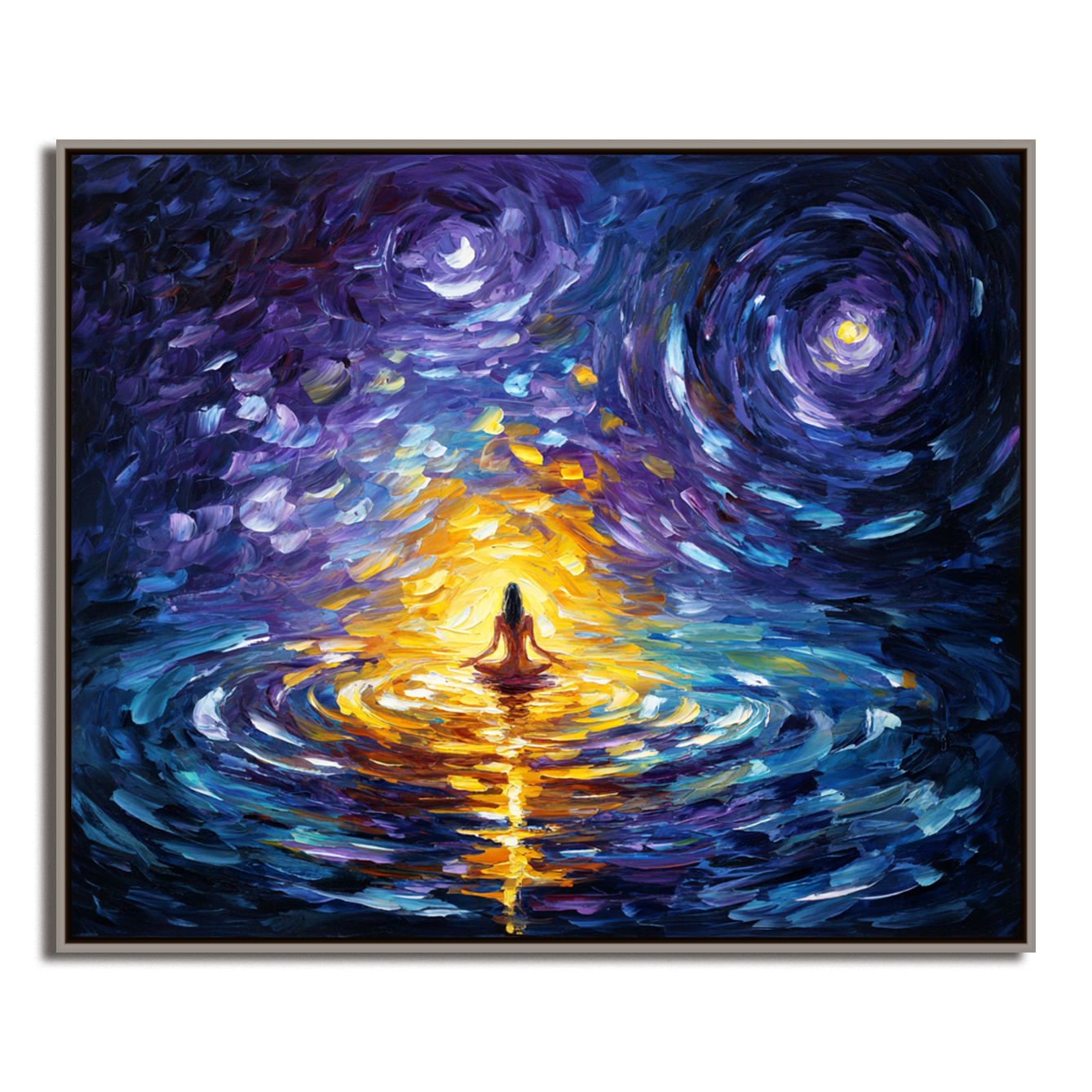 Textured Starry Night Meditation Oil Painting - Blue Purple & Gold Tones, Spiritual Wall Art for Modern Interiors