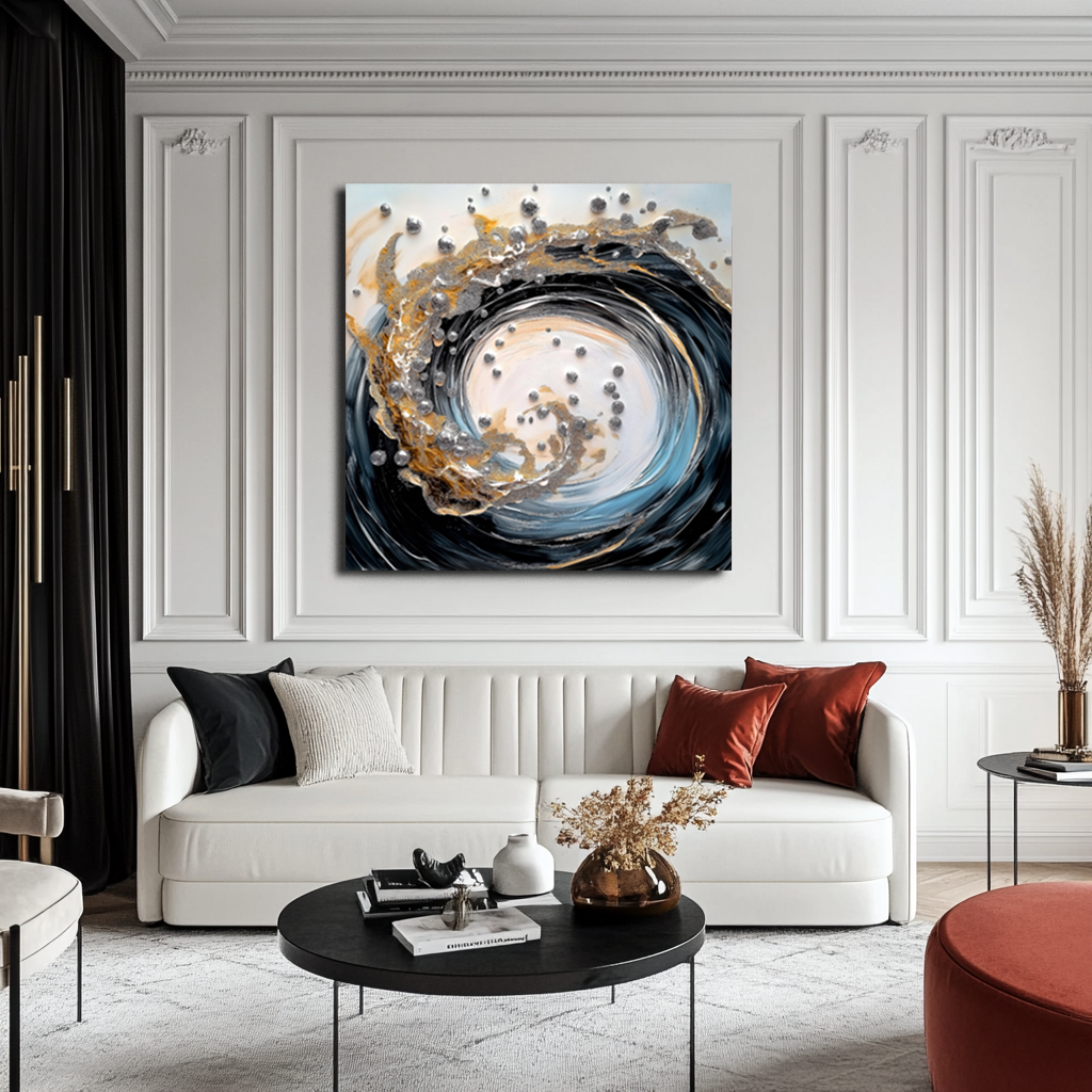 Celestial Spiral-Abstract Swirl Large Wall Art with Gold & Silver Accents - Modern Textured Canvas Painting for Home Decor