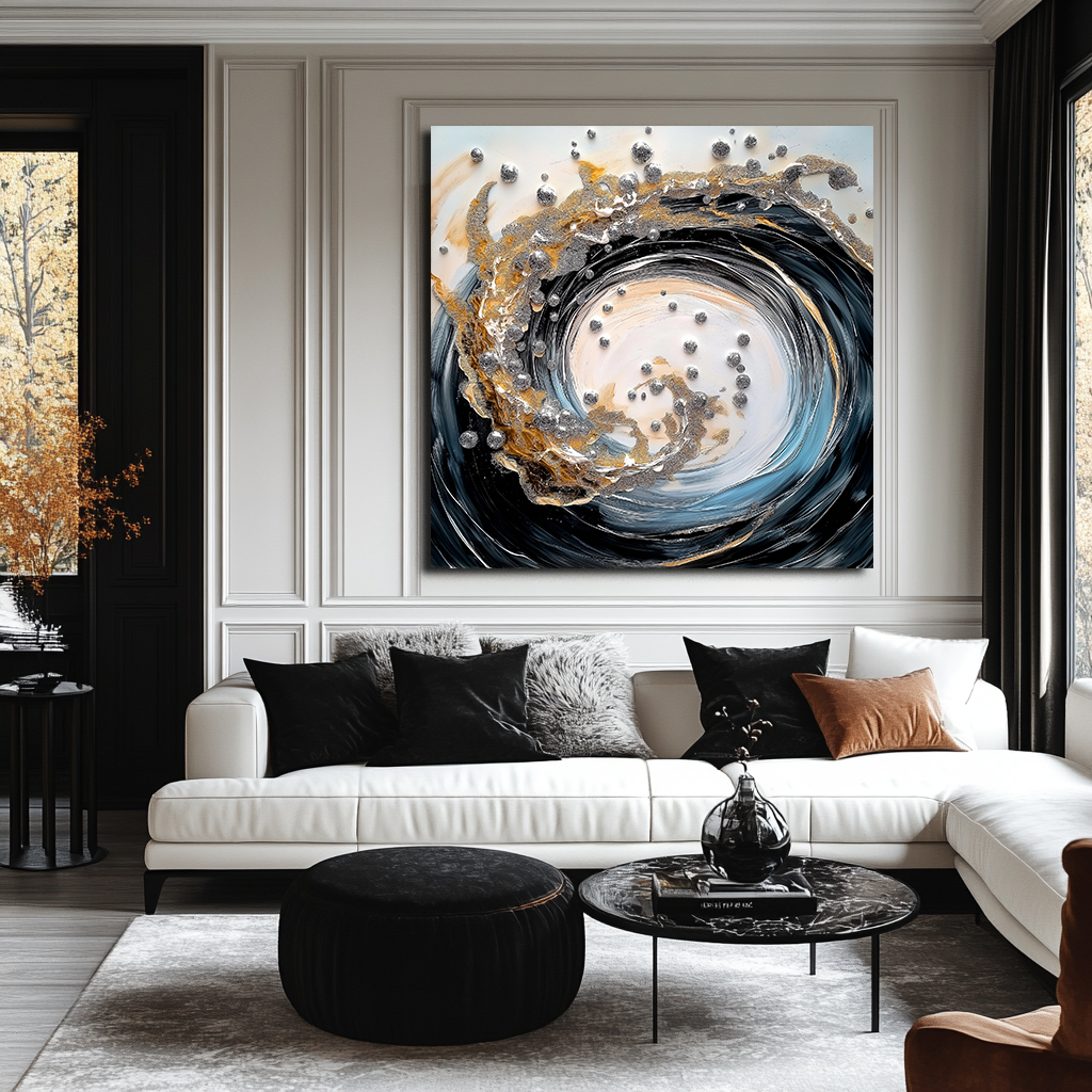 Celestial Spiral-Abstract Swirl Large Wall Art with Gold & Silver Accents - Modern Textured Canvas Painting for Home Decor