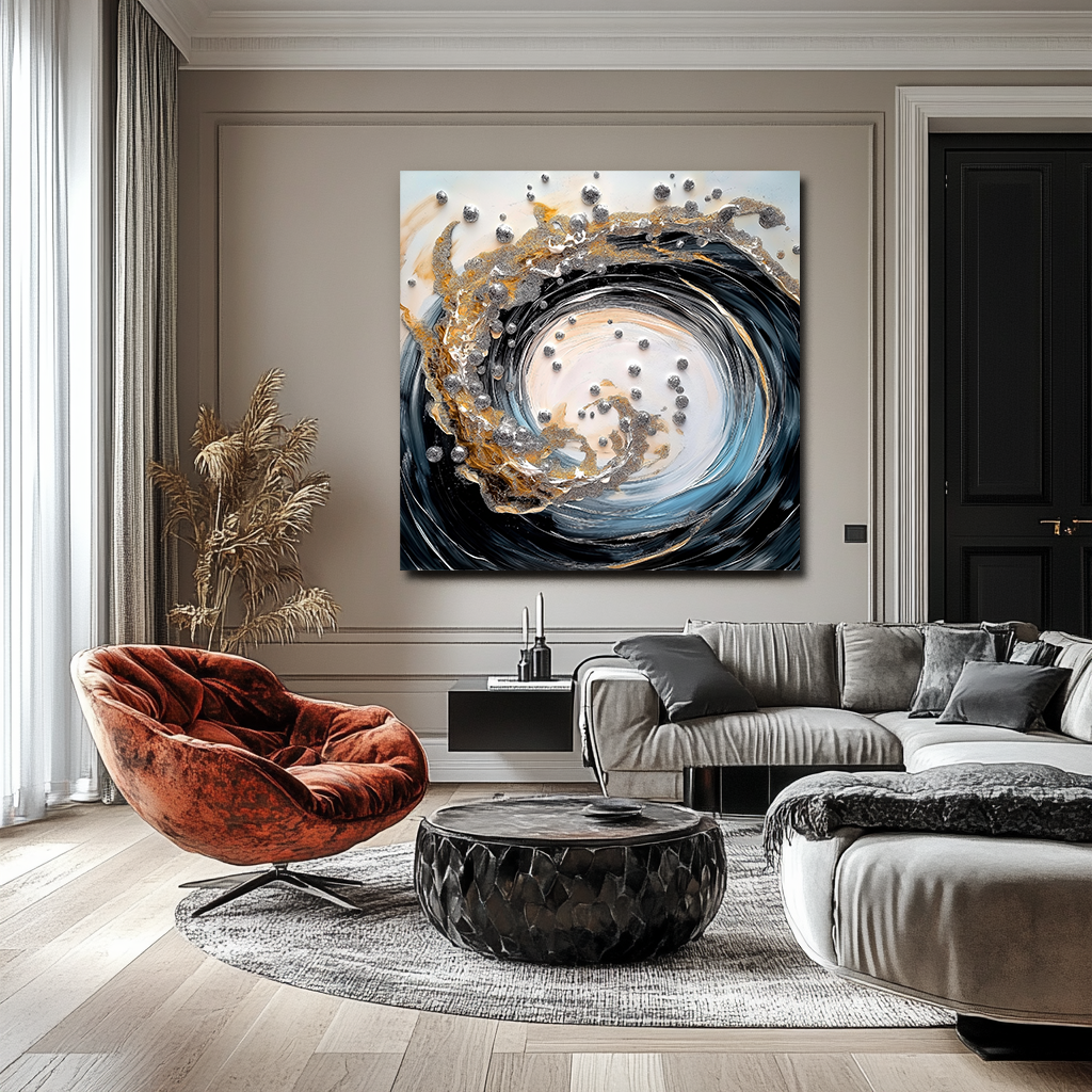 Celestial Spiral-Abstract Swirl Large Wall Art with Gold & Silver Accents - Modern Textured Canvas Painting for Home Decor