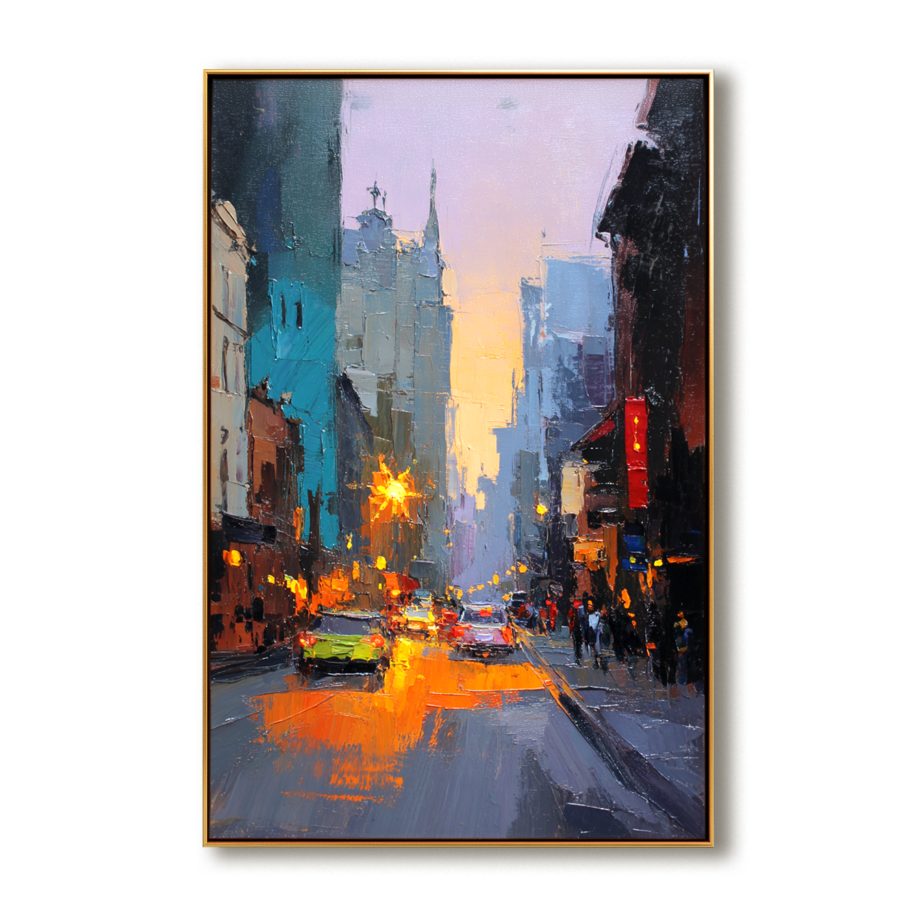 City Lights – Hand-Painted Urban Street Scene Oil Painting on Canvas