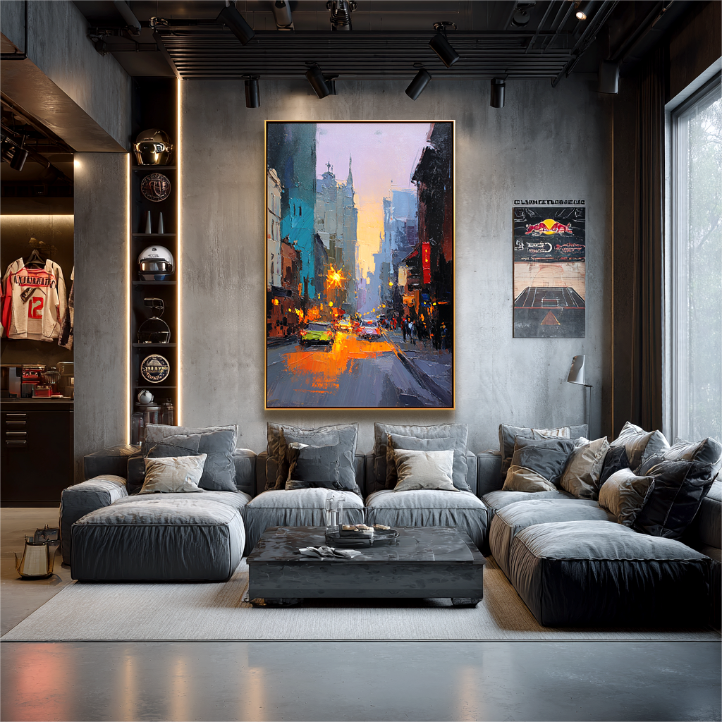 City Lights – Hand-Painted Urban Street Scene Oil Painting on Canvas