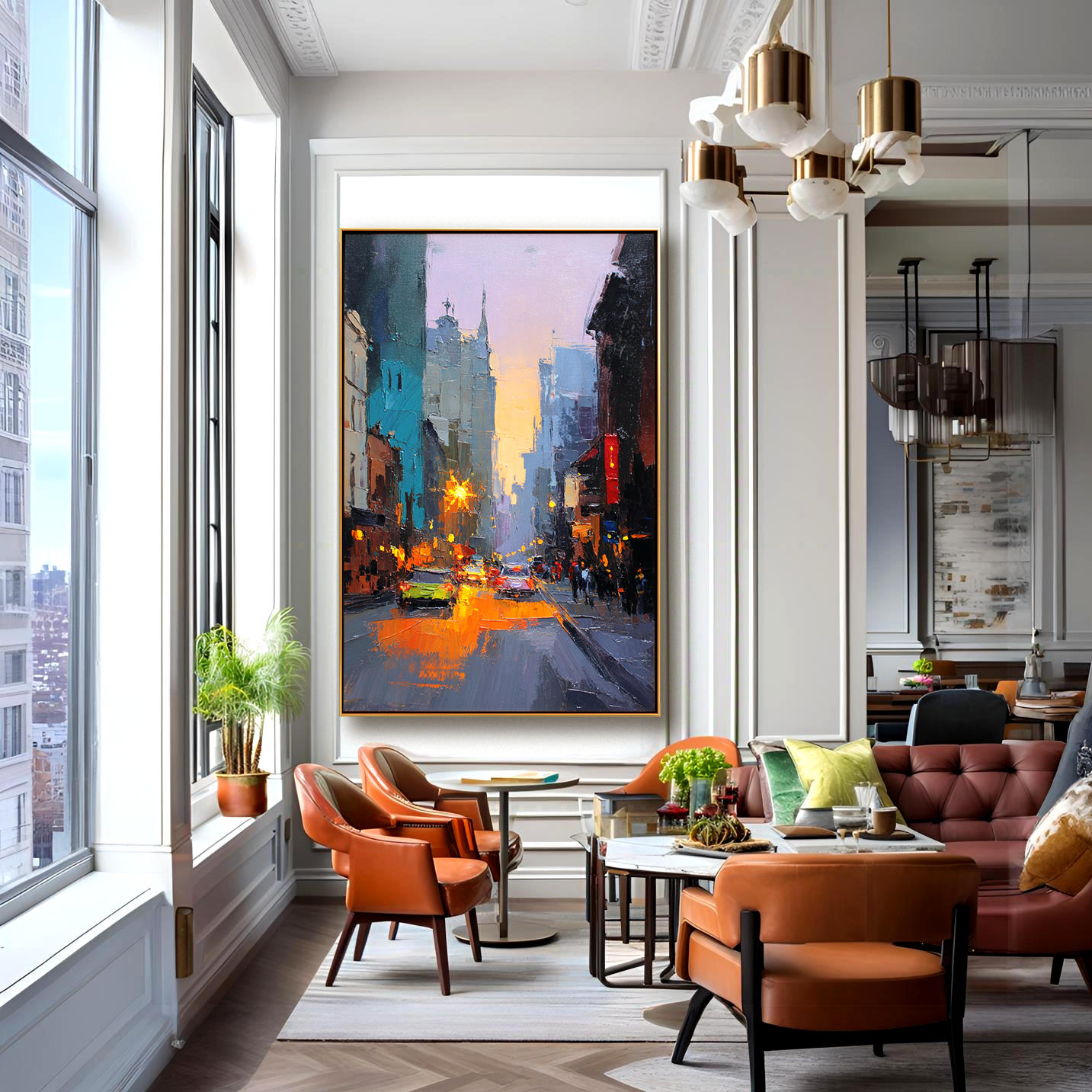 City Lights – Hand-Painted Urban Street Scene Oil Painting on Canvas