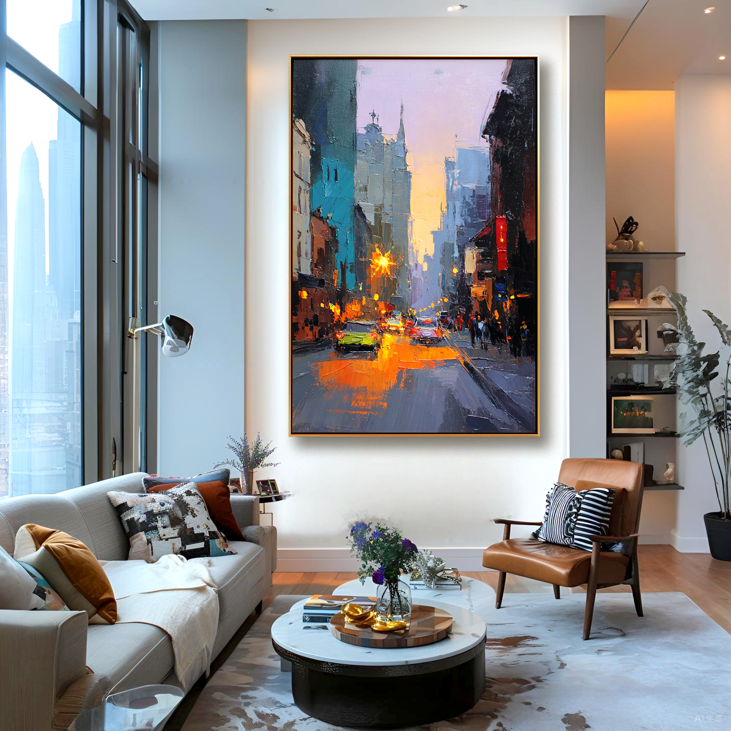 City Lights – Hand-Painted Urban Street Scene Oil Painting on Canvas