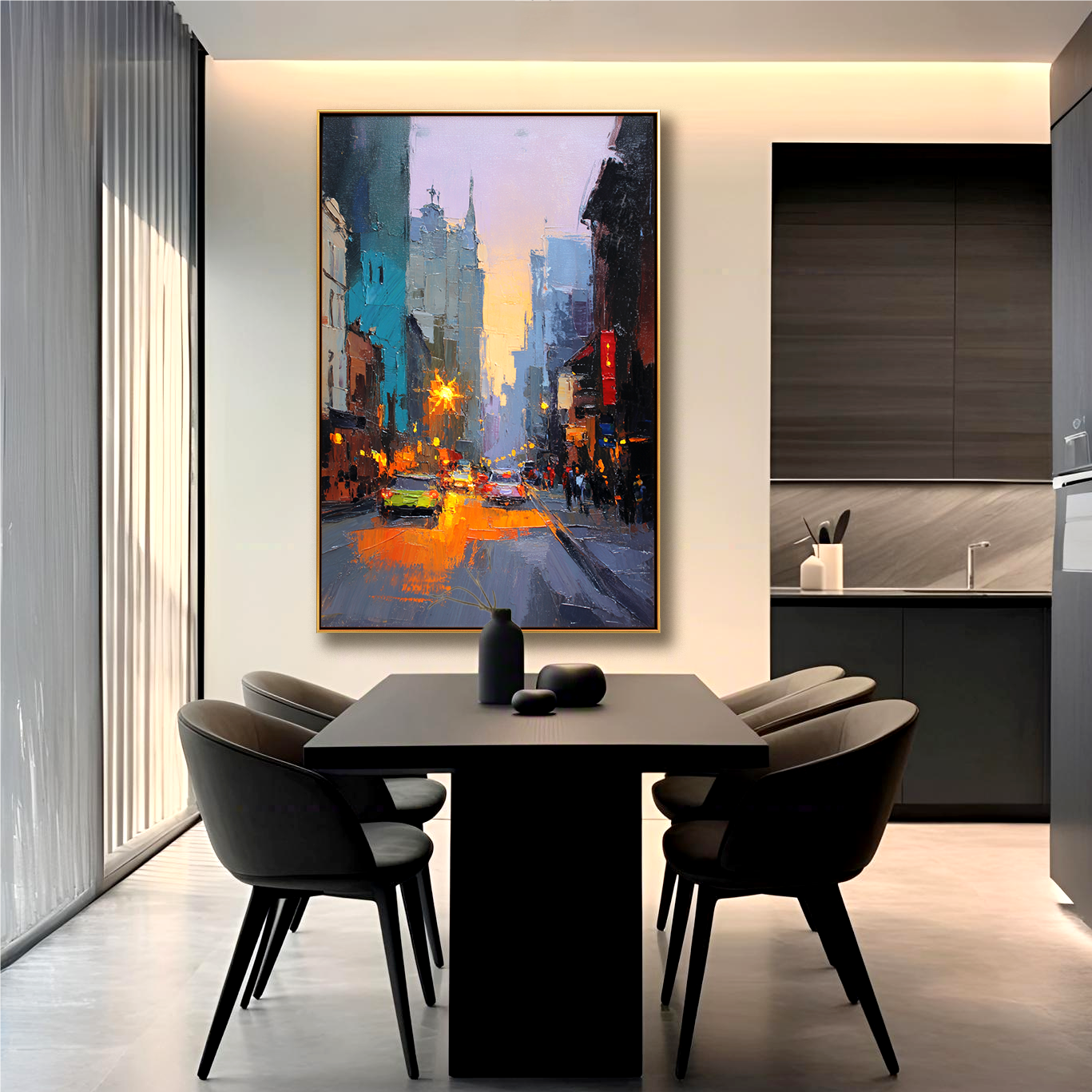 City Lights – Hand-Painted Urban Street Scene Oil Painting on Canvas