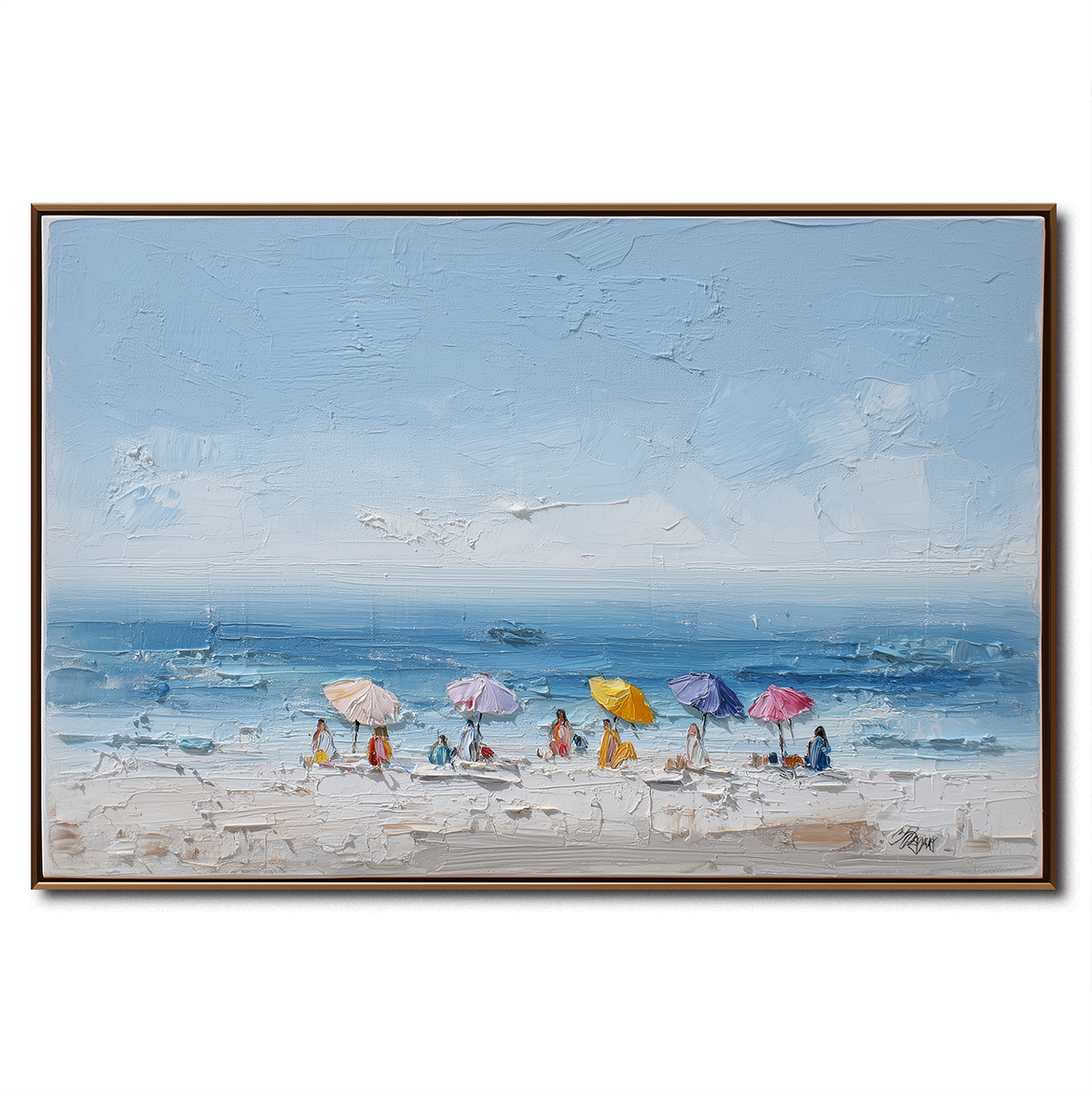 Coastal Beach Umbrella Wall Art – Textured Ocean Scene Canvas Painting