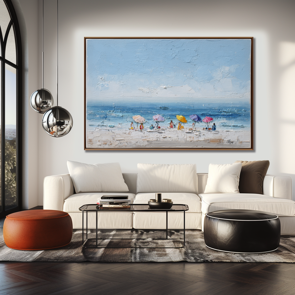 Coastal Beach Umbrella Wall Art – Textured Ocean Scene Canvas Painting
