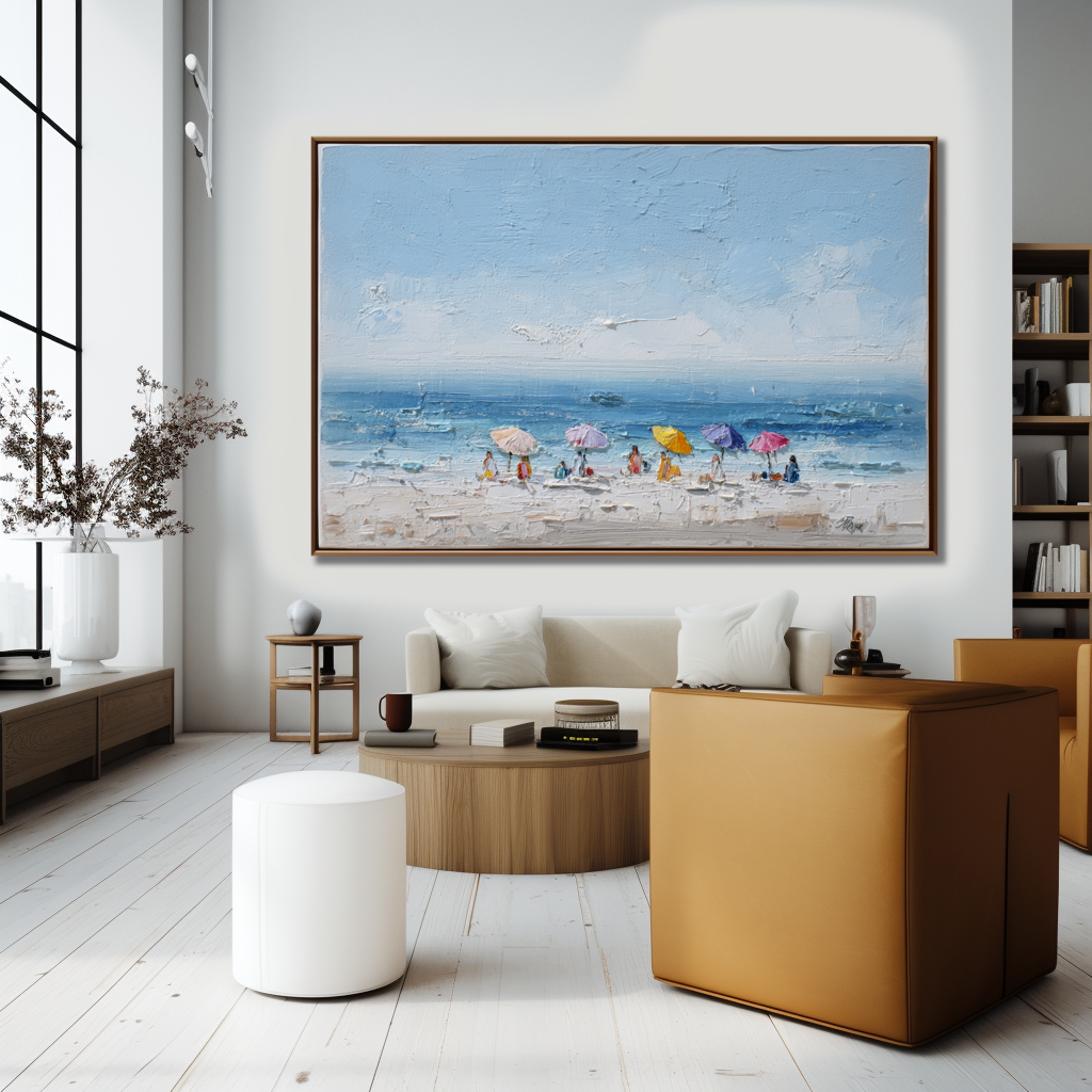 Coastal Beach Umbrella Wall Art – Textured Ocean Scene Canvas Painting