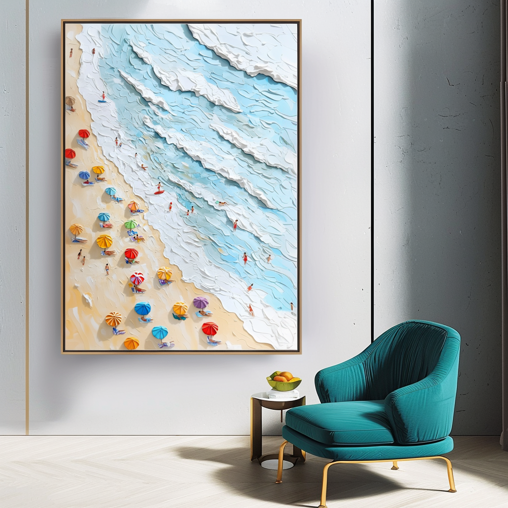 Coastal Bliss-Impasto Vertical Beach Scene Oil Painting - Framed Wall Art with Colorful Umbrellas & Textured Waves, Summer Coastal Decor for Living Room & Bedroom