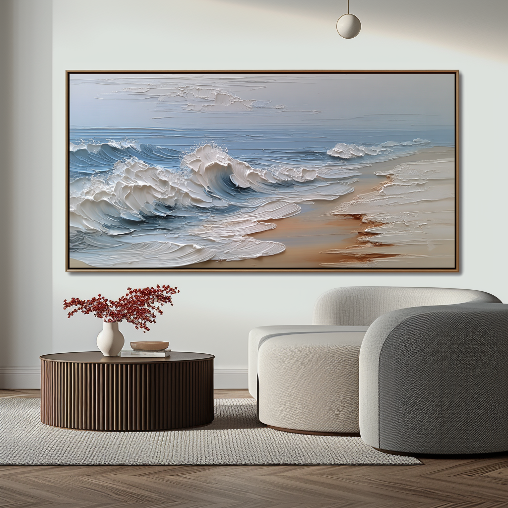 Coastal Surge-Abstract Coastal Wave Oil Painting - Modern 3D Textured Seascape Art