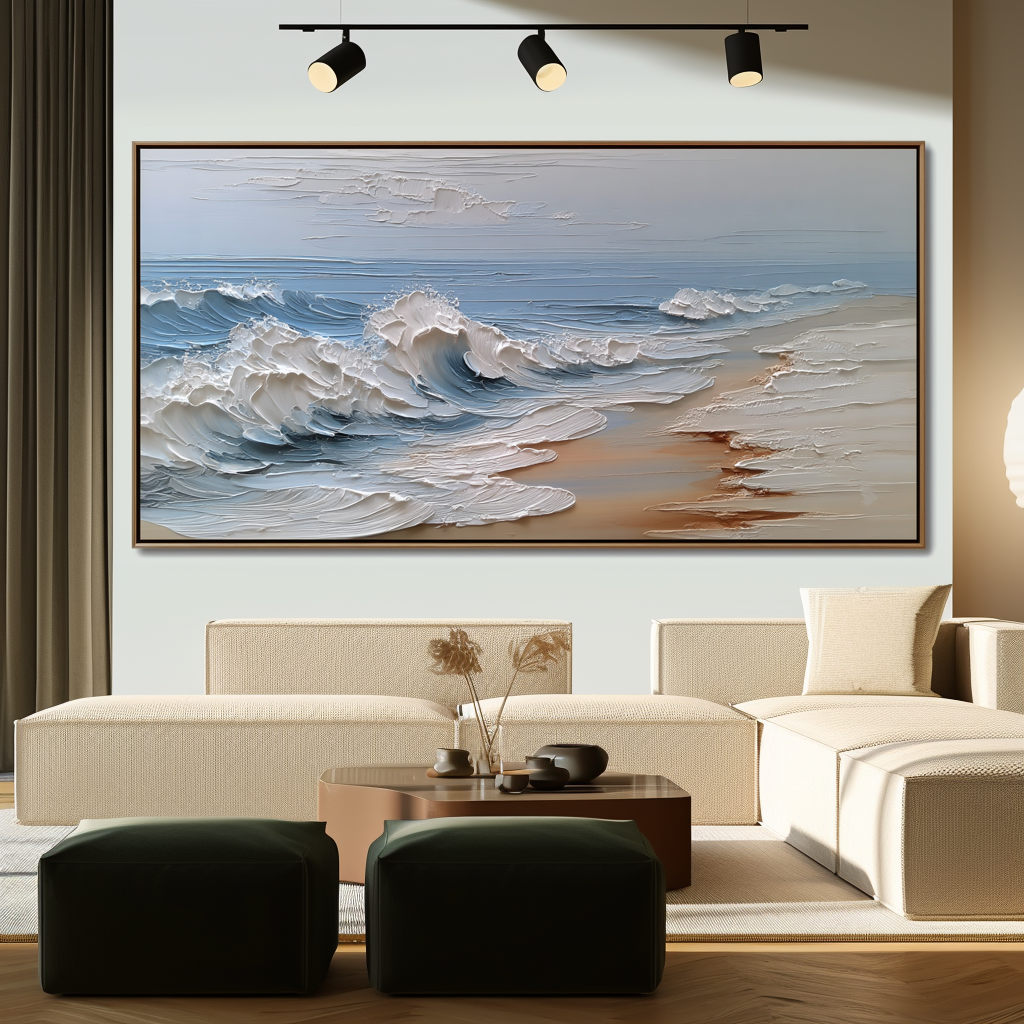 Coastal Surge-Abstract Coastal Wave Oil Painting - Modern 3D Textured Seascape Art