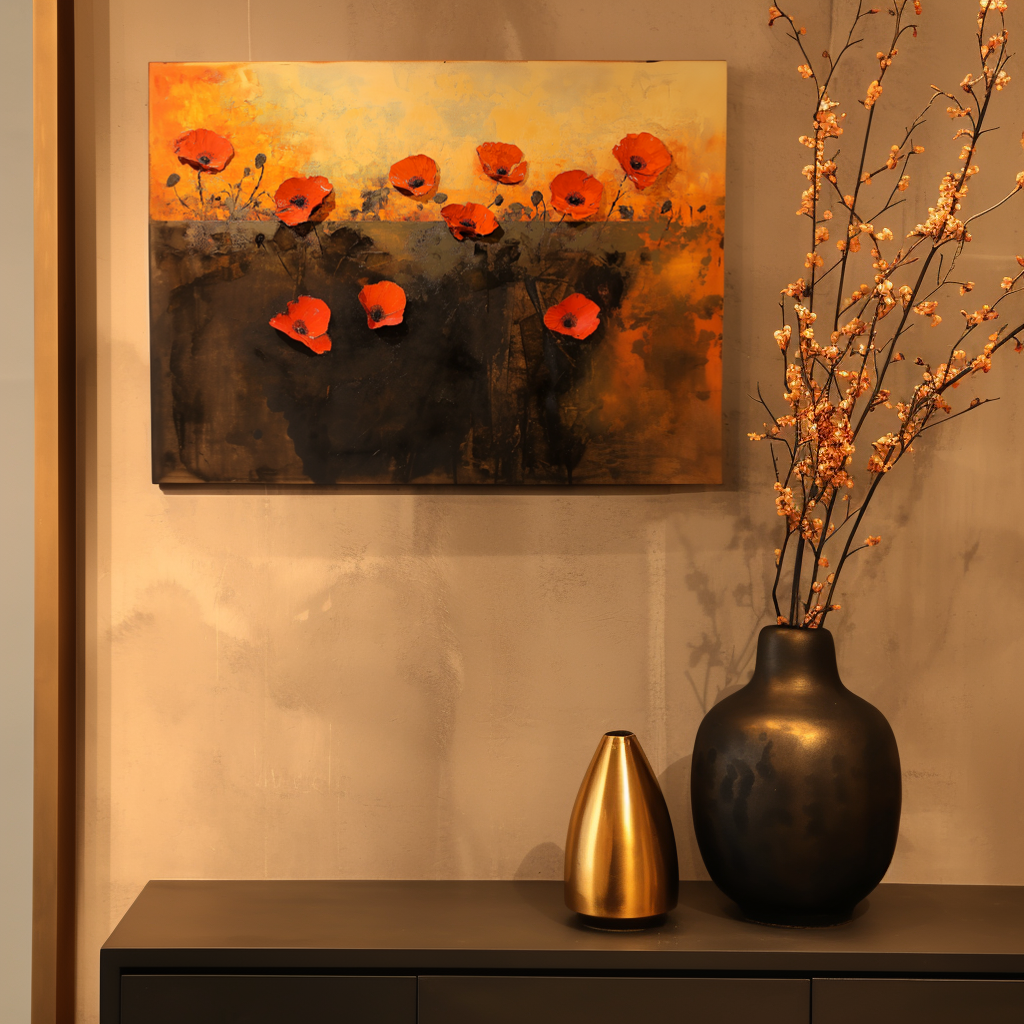 Crimson-Vibrant Red Poppy Flowers Painting - Warm Toned Floral Wall Art for Home Decoration