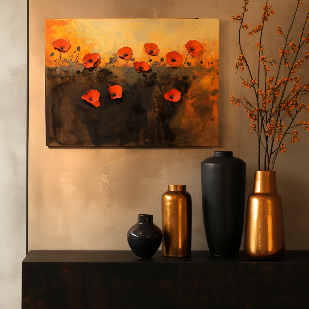 Crimson-Vibrant Red Poppy Flowers Painting - Warm Toned Floral Wall Art for Home Decoration