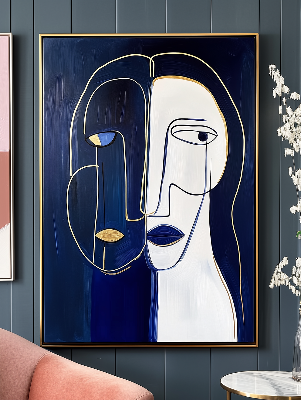 Duality Within-Abstract Line - Art Portrait with Gold Accents: Modern Minimalist Wall Decor for Contemporary Spaces