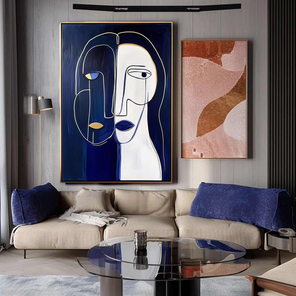 Duality Within-Abstract Line - Art Portrait with Gold Accents: Modern Minimalist Wall Decor for Contemporary Spaces