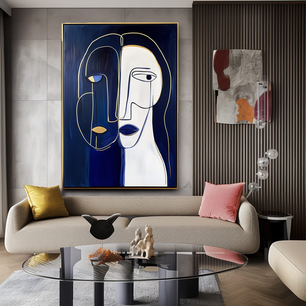 Duality Within-Abstract Line - Art Portrait with Gold Accents: Modern Minimalist Wall Decor for Contemporary Spaces