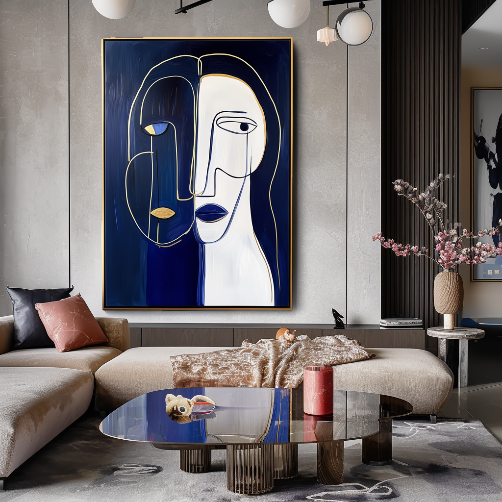 Duality Within-Abstract Line - Art Portrait with Gold Accents: Modern Minimalist Wall Decor for Contemporary Spaces