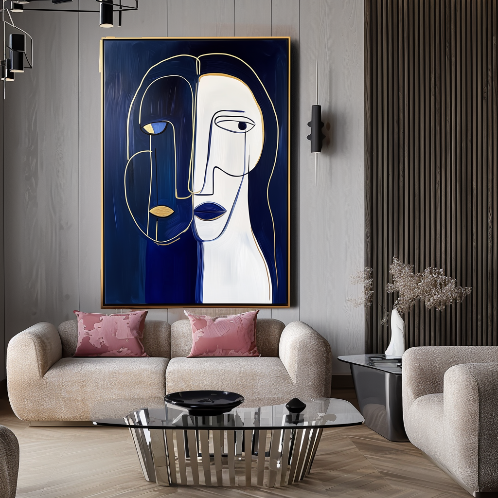 Duality Within-Abstract Line - Art Portrait with Gold Accents: Modern Minimalist Wall Decor for Contemporary Spaces