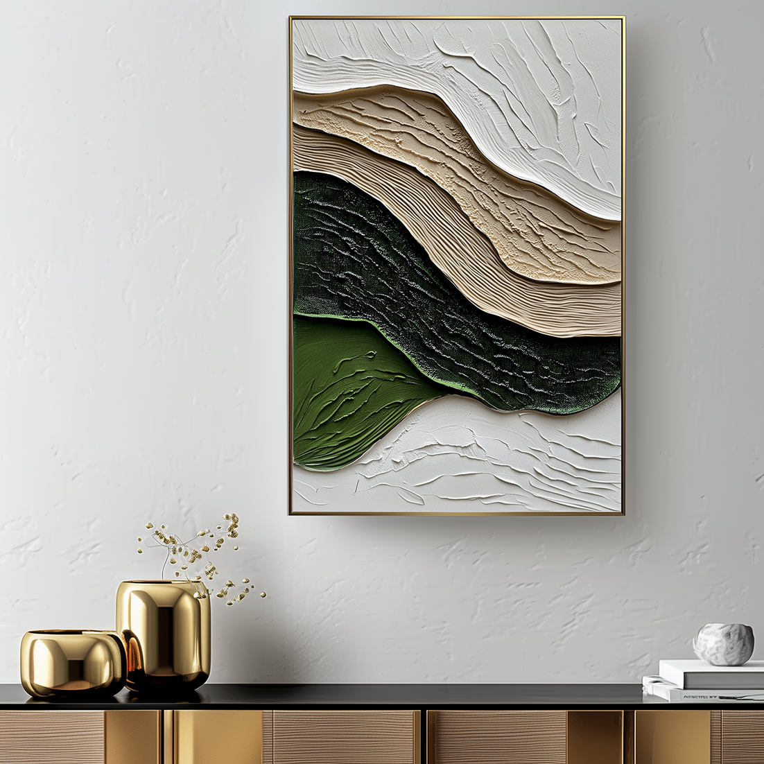 Earth’s Rhythm-Abstract Green & Beige Painting, Modern Minimalist Wall Art Decor
