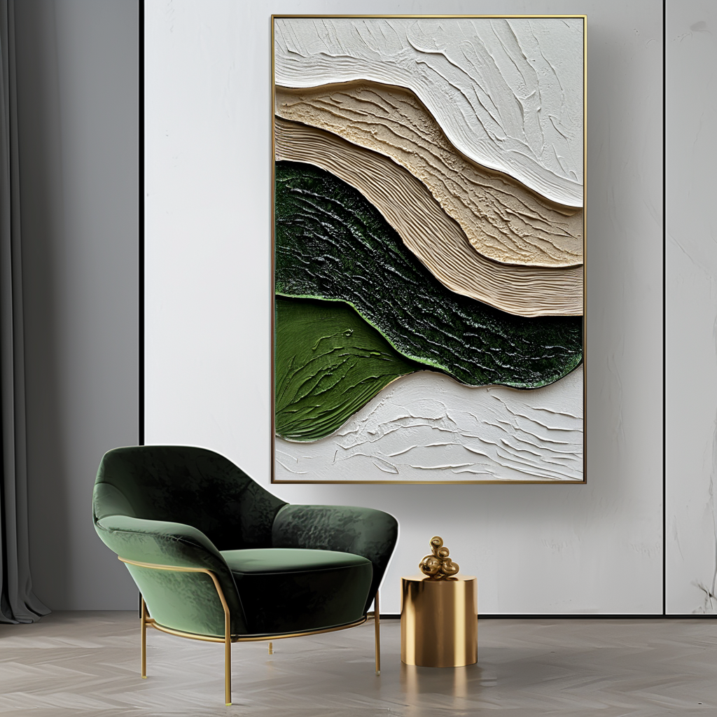 Earth’s Rhythm-Abstract Green & Beige Painting, Modern Minimalist Wall Art Decor