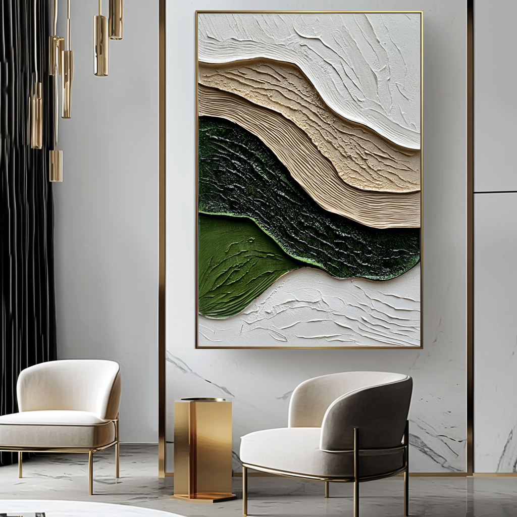 Earth’s Rhythm-Abstract Green & Beige Painting, Modern Minimalist Wall Art Decor