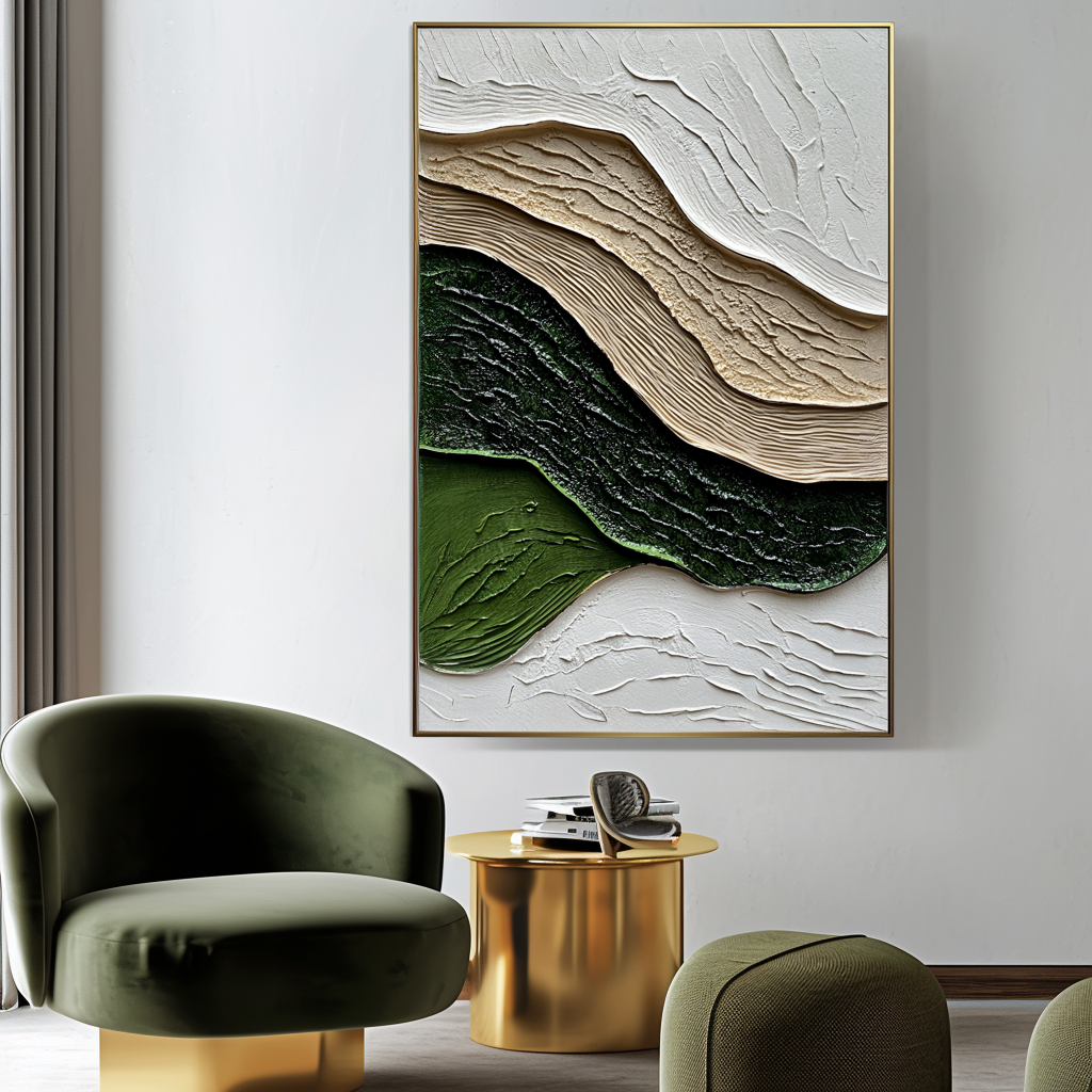 Earth’s Rhythm-Abstract Green & Beige Painting, Modern Minimalist Wall Art Decor