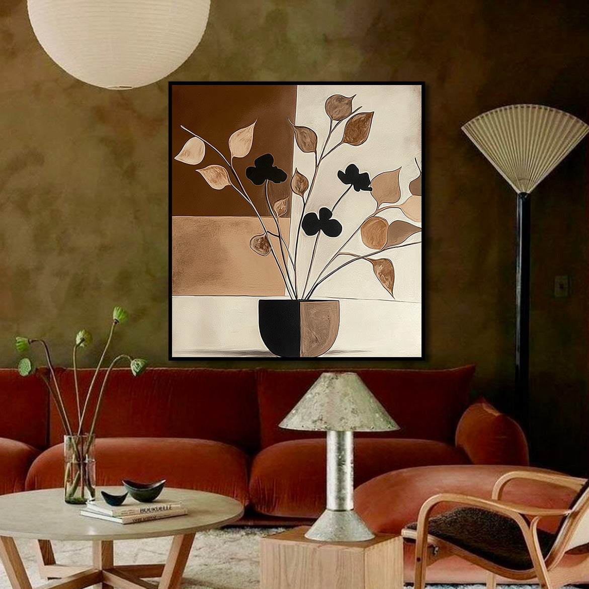 Earthtone Stillness - Abstract Brown Botanical Painting Minimalist Textured Wall Art