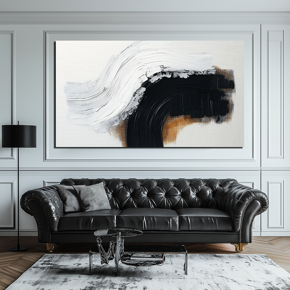 Echo of Contrast-Black White Brown Abstract Wave Wall Art, Textured Minimalist Modern Home Decor