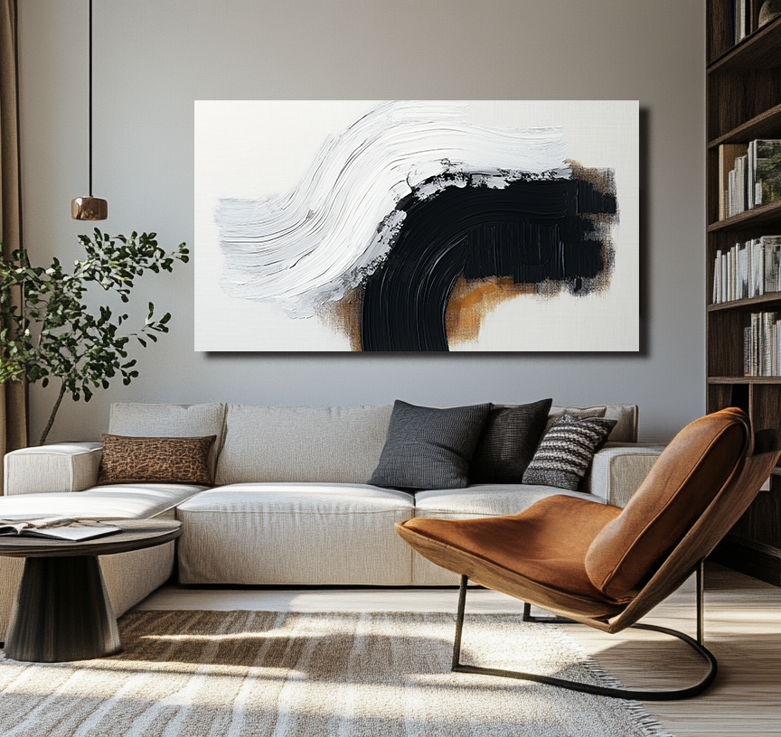 Echo of Contrast-Black White Brown Abstract Wave Wall Art, Textured Minimalist Modern Home Decor