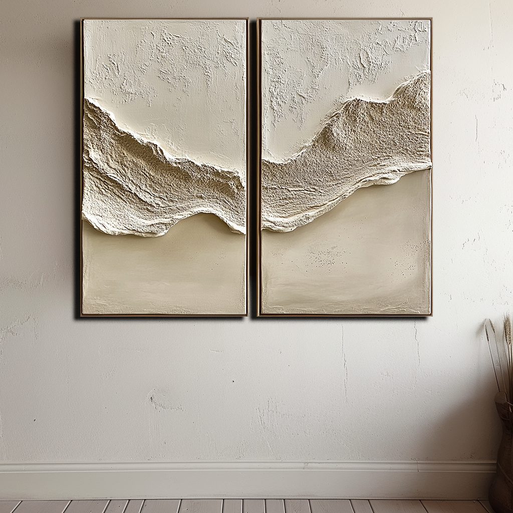 Echoes of Earth-2-Piece Textured Relief Wall Art Set - Neutral Tones Abstract Mountain Design, Framed Modern Minimalist Decor for Living Room & Bedroom