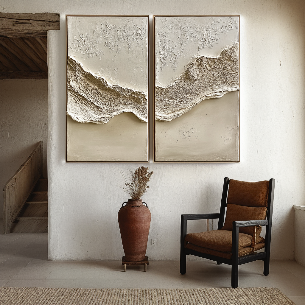 Echoes of Earth-2-Piece Textured Relief Wall Art Set - Neutral Tones Abstract Mountain Design, Framed Modern Minimalist Decor for Living Room & Bedroom