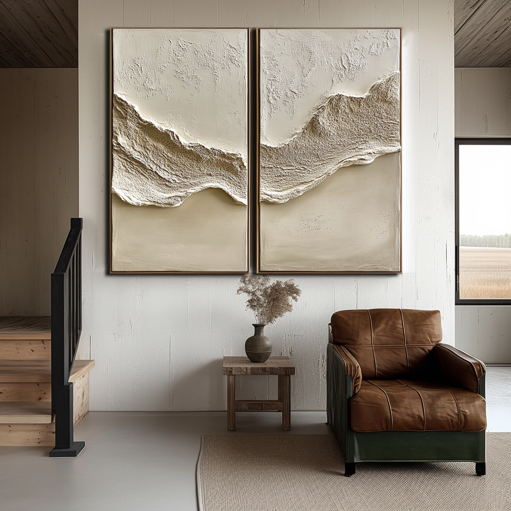 Echoes of Earth-2-Piece Textured Relief Wall Art Set - Neutral Tones Abstract Mountain Design, Framed Modern Minimalist Decor for Living Room & Bedroom