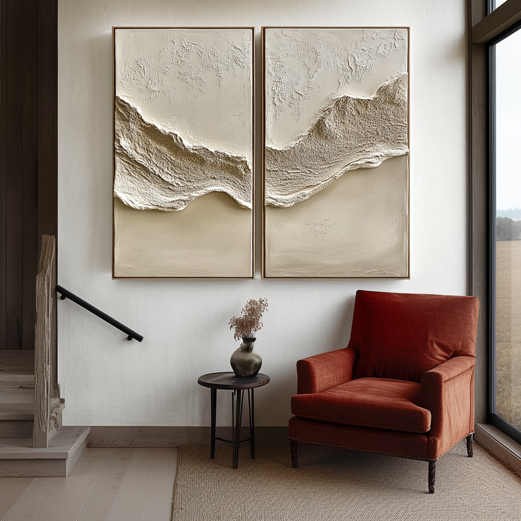 Echoes of Earth-2-Piece Textured Relief Wall Art Set - Neutral Tones Abstract Mountain Design, Framed Modern Minimalist Decor for Living Room & Bedroom